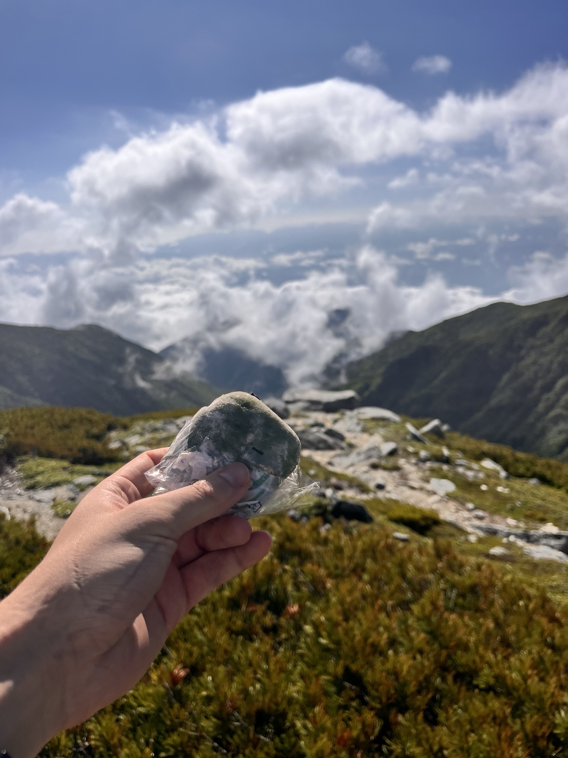 木曽駒ヶ岳山頂で雲と山を眺めながら食べた緑色のよもぎ餅