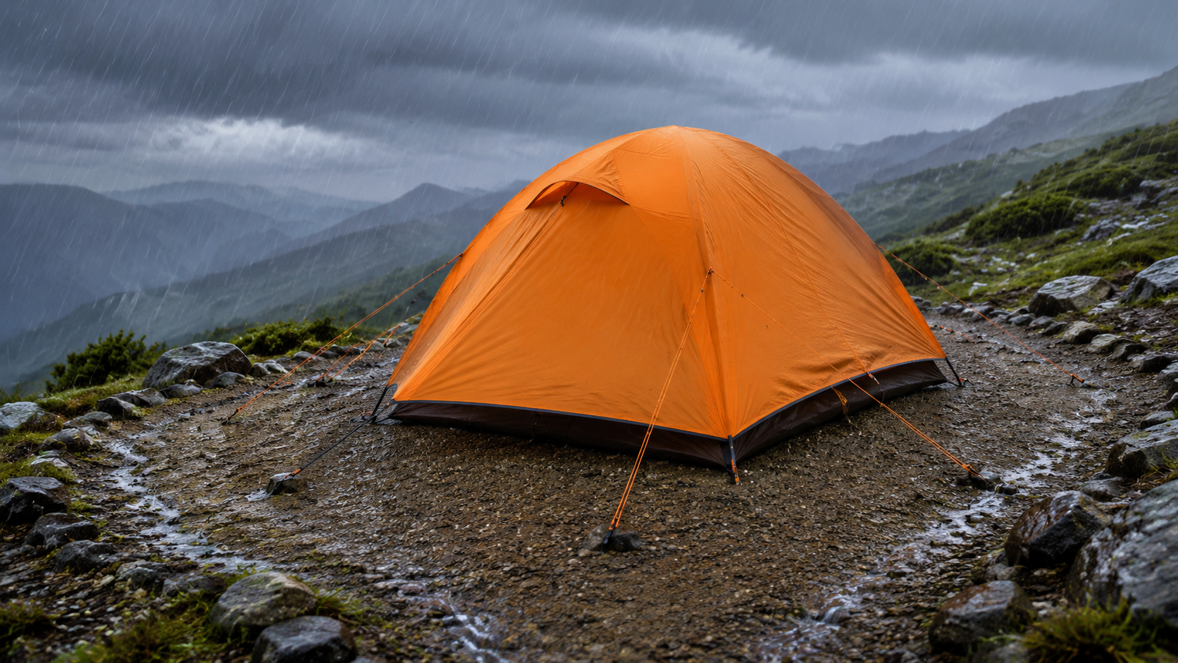 雨と風の中で張り綱まで使い正しく設営した山岳テントのイメージ