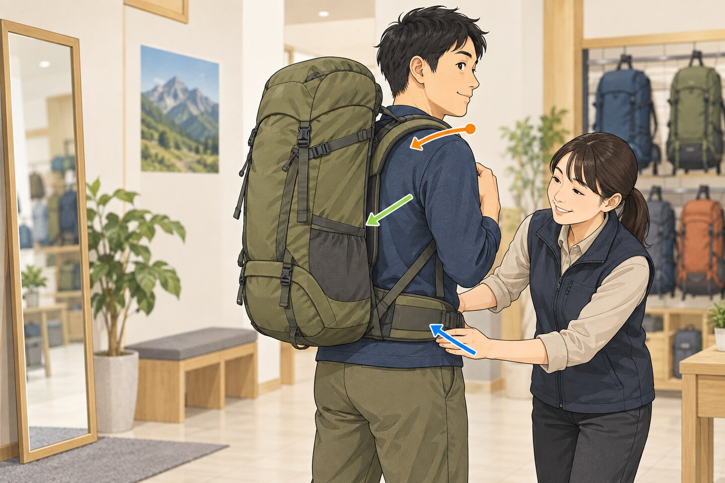 登山用品店でショルダーハーネスとヒップベルトの位置を確認するイラスト