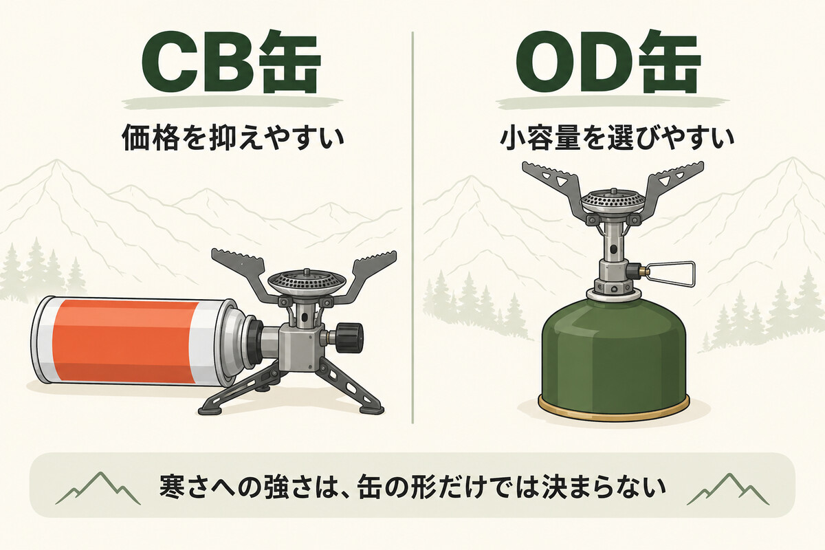 登山用バーナーで使うCB缶とOD缶の違いを表したイラスト