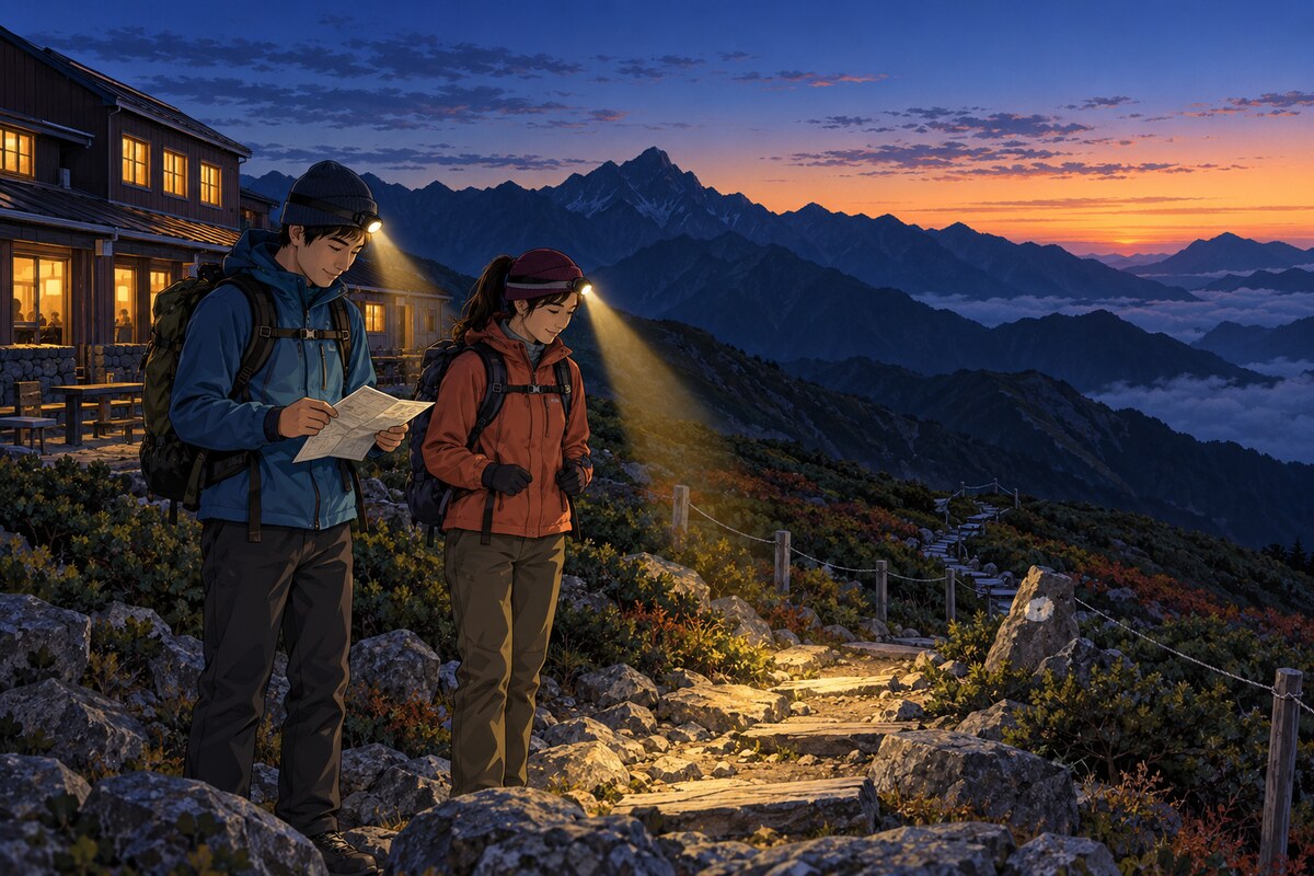 唐松岳の山小屋で夜明け前にヘッドライトを点検する登山者のイラスト