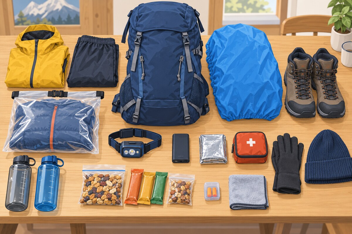 唐松岳の山小屋泊に向けて30Lザック、雨具、防寒着、ヘッドライトなどを準備するイラスト