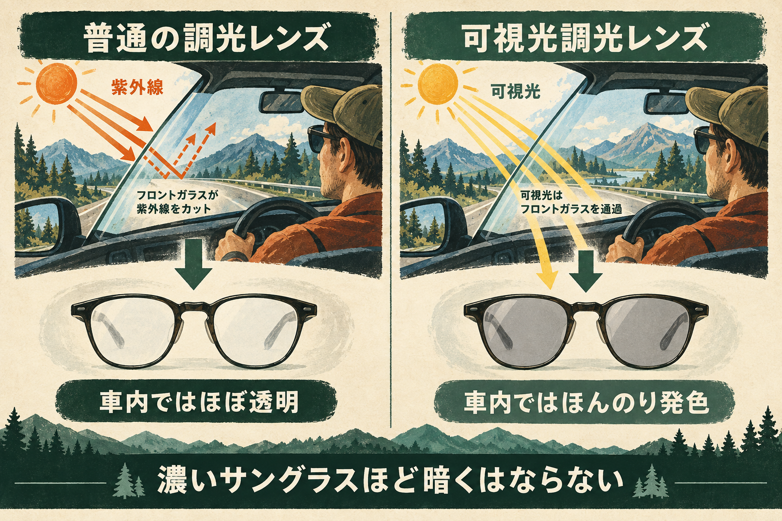 普通の調光レンズと可視光調光レンズの車内での違いを示すイラスト