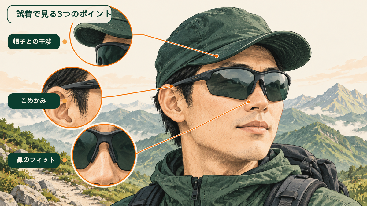 登山用サングラスのフィット確認ポイントのイラスト
