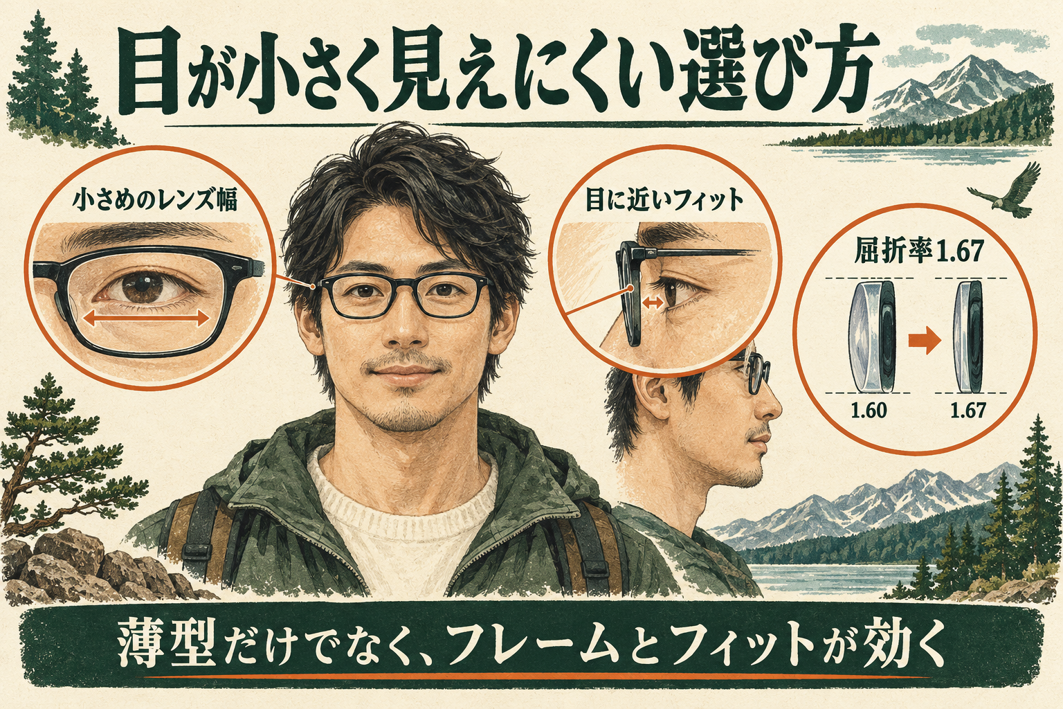 度付きメガネで目が小さく見えにくいフレームと薄型レンズの選び方