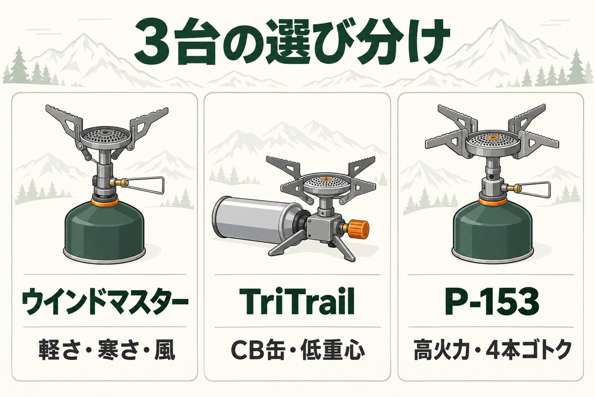 ウインドマスター、TriTrail、P-153の選び分けを表したイラスト